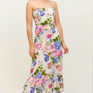 Reformation Strapless Floral Dress in Pink and Blue